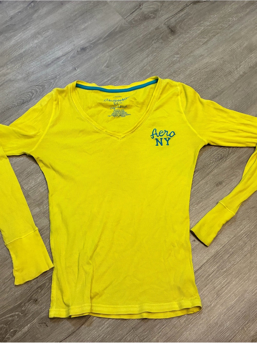 Aeropostale Woman’s Yellow Long Sleeve V-Neck with Aqua Logo